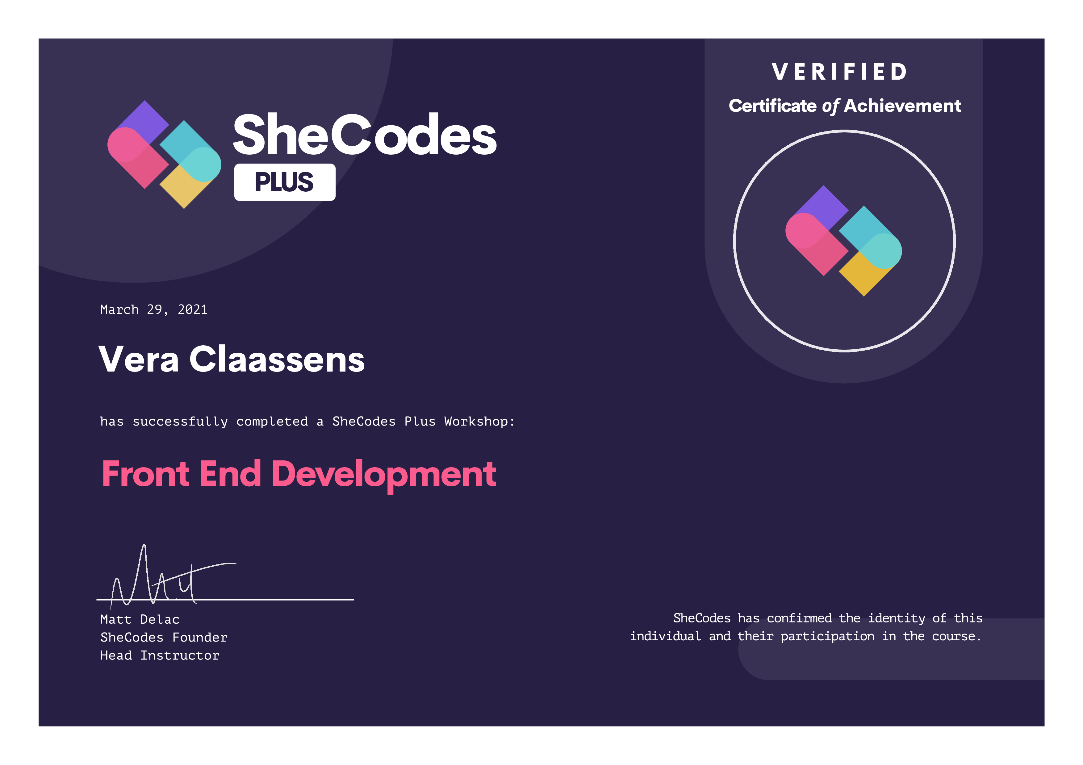 Vera Claassens SheCodes Plus Certificate